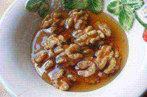 Walnuts in a plate drenched in honey