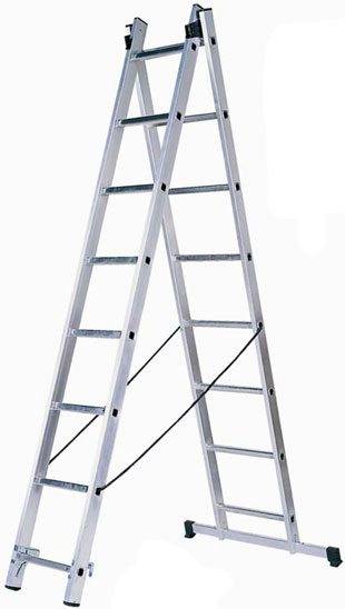 To prevent slipping on a flat surface, the ladder supports are equipped with rubber shoes. Pointed tips are used on the ground.