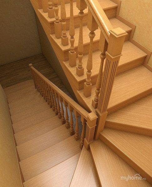 Fotó egy fából készült lépcsőről, forduló lépésekkel.