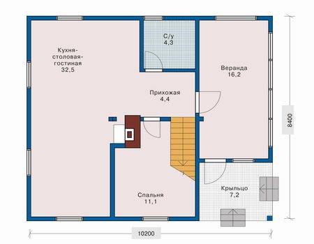 Plan d'étage du chalet. La façade est en bas.