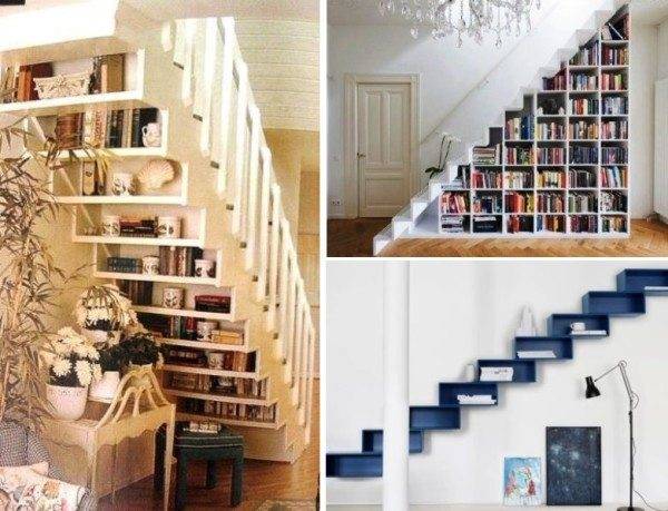 Shelves in the steps and under the stairs.