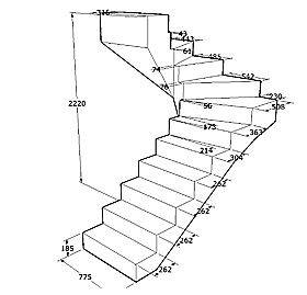 A lépcsősorok gyártásának legegyszerűbb projektjének változata a szükséges méretek feltüntetésével