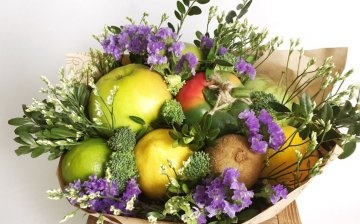 Original bouquets of flowers, fruits, sweets